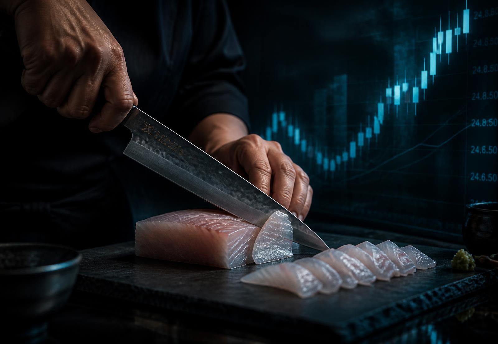A master chef precisely slicing fugu beside a glowing candlestick chart